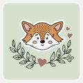 Fox. Cute funny hand drawn animal with hearts, leaves and branches.